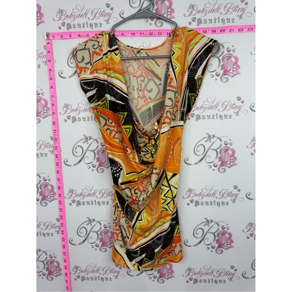 Top tiki y2k Vibrant Geometric Print Drape Front Top — Orange, Black, Green